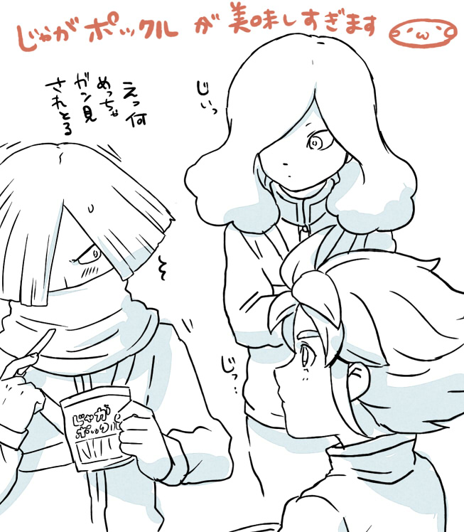 3boys, hair_over_one_eye, hakuren, inazuma_eleven_(series), inazuma_eleven_go, kitaki_tsuneo, long_hair, makari_ginjirou, male, mizuhara_aki, monochrome, multiple_boys, scarf, scarf_over_mouth, short_hair, track_jacket, translation_request, white_background, yukimura_hyouga