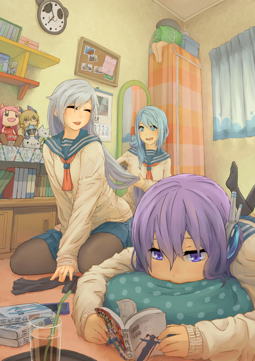 3girls, 633b, blue_eyes, blue_hair, book, bookshelf, calendar_(object), closed_eyes