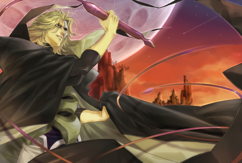 armor, blonde_hair, bunchuu, cape, green_eyes, highres, houshin_engi, male