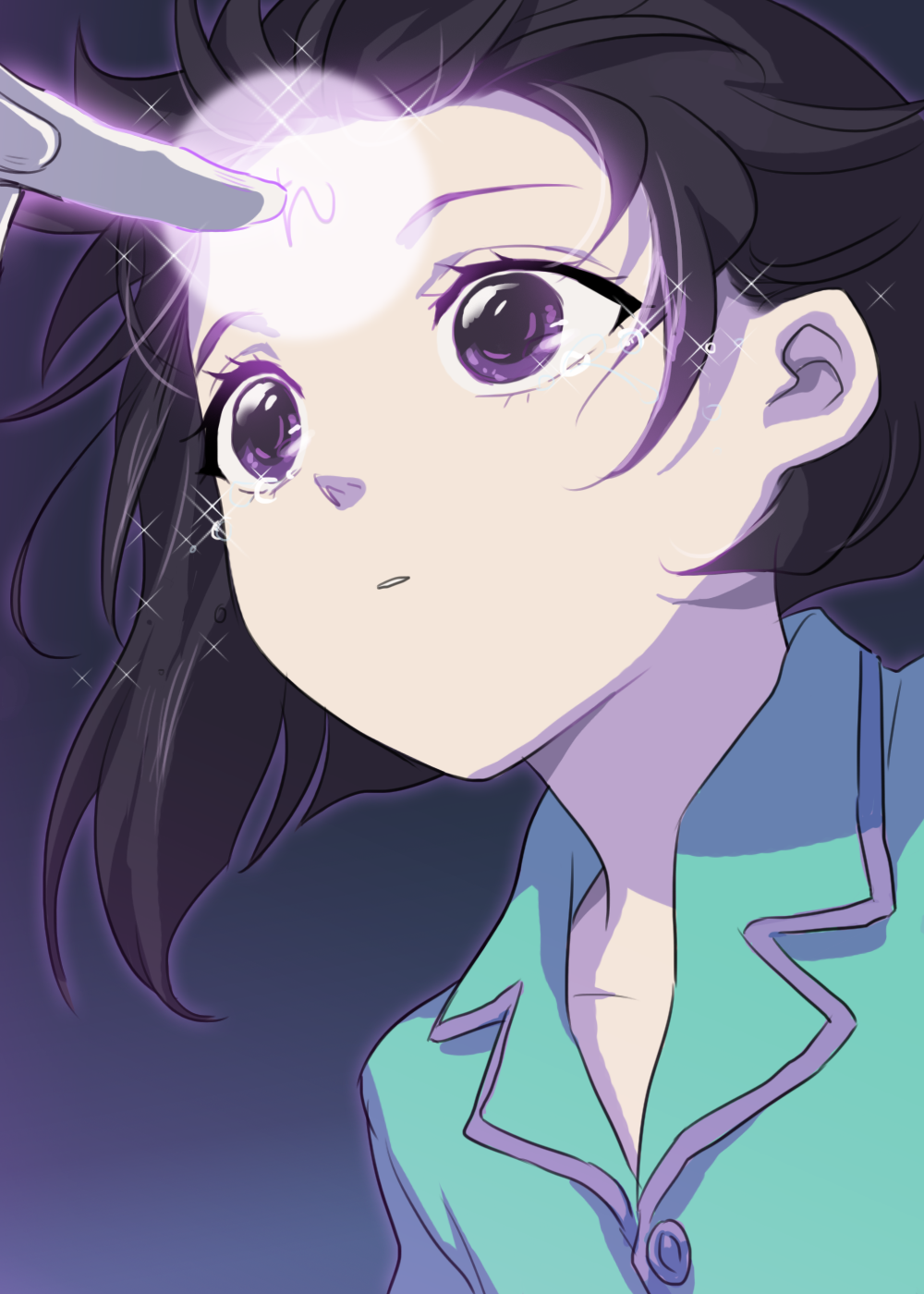 1girl, bishoujo_senshi_sailor_moon, black_hair, blue_background, essence_(swtmiss), facial_mark, forehead_mark, highres
