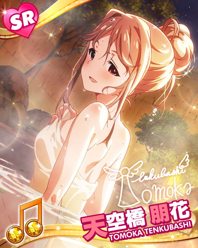 1girl, :d, brown_eyes, brown_hair, character_name, hair_bun, heart, idolmaster