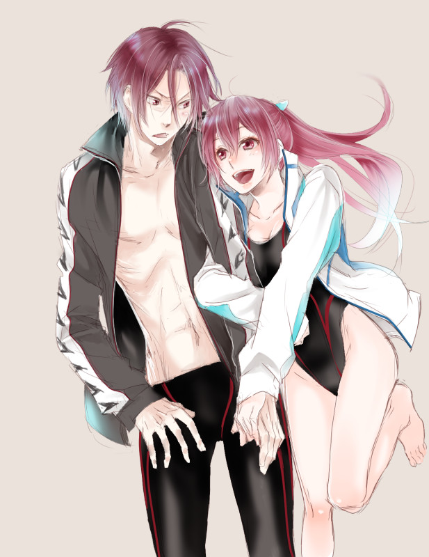 1boy, 1girl, brother_and_sister, competition_swimsuit, free!, jacket, jammers, long_hair, matsuoka_gou, matsuoka_rin, oh!miso, one-piece_swimsuit, open_clothes, ponytail, red_eyes, redhead, short_hair, siblings, swimsuit