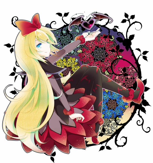 1girl, bat_print, bat_wings, black_legwear, blonde_hair, blue_eyes, dokidoki!_precure, floral_background