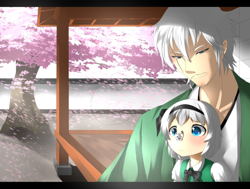 1boy, 1girl, :<, blue_eyes, bow, butterfly, butterfly_on_nose, cherry_blossoms