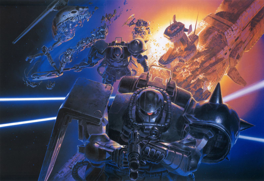 ball, ball_(gundam), battle, battleship, epic, explosion, gun, gundam