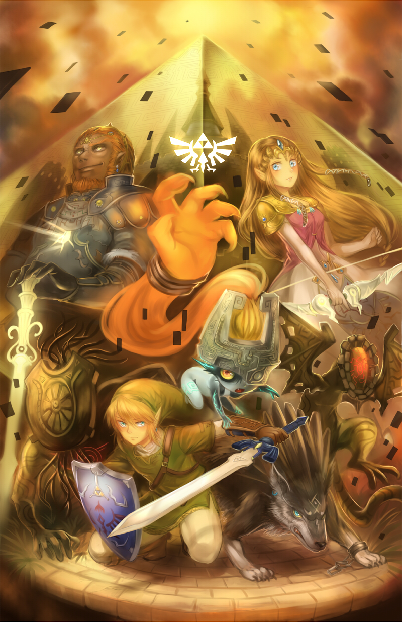 armor, beard, blonde_hair, blue_eyes, bow_(weapon), brown_hair, creature, earrings, facial_hair, fwd, ganondorf, gloves, hat, helmet, highres, jewelry, link, link_(wolf), long_hair, midna, nintendo, pointy_ears, princess_zelda, redhead, shield, smile, sword, the_legend_of_zelda, tiara, twilight_princess, weapon, yellow_eyes