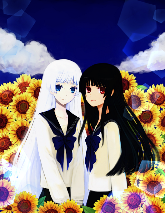 2girls, arashiyama_sayoko, black_hair, blue_eyes, brown_eyes, clouds, field, flower