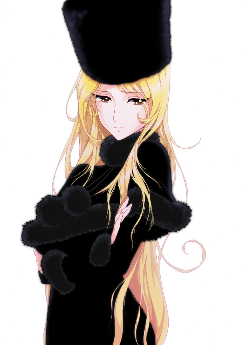 1girl, blonde_hair, brown_eyes, crossed_arms, fetishist, fur_hat, ginga_tetsudou_999, hat