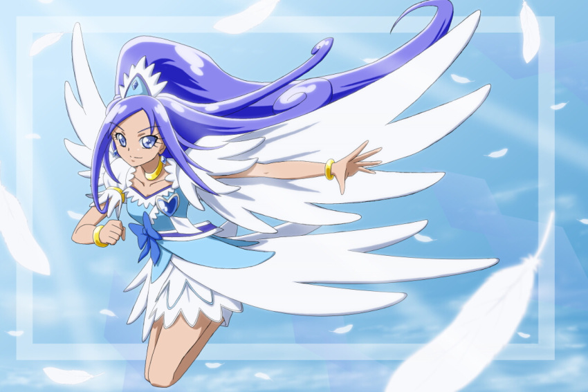 1girl, alternate_costume, angel_wings, asymmetrical_clothes, blue, blue_background, blue_dress, blue_eyes