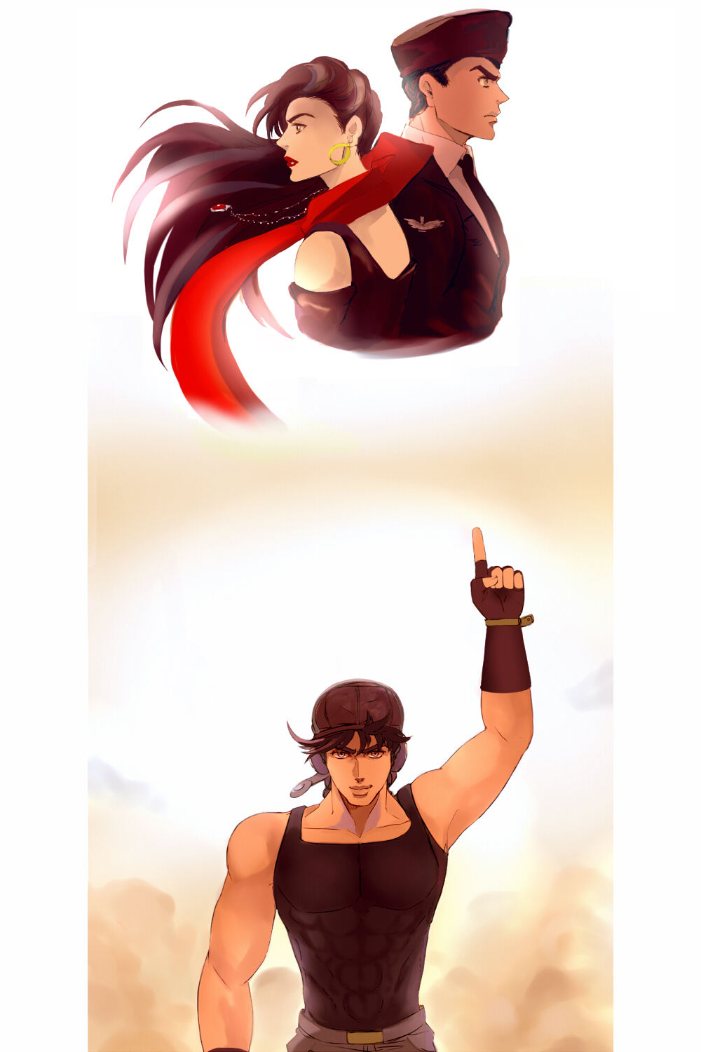 1girl, 2boys, aviator_cap, earrings, family, george_joestar_ii, hat, highres, jewelry, jojo_no_kimyou_na_bouken, joseph_joestar_(young), lisa_lisa, long_hair, multiple_boys, necklace, pointing, red_scarf, scarf, uchihakagura