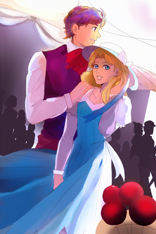 1boy, 1girl, blonde_hair, blue_hair, couple, dress, erina_pendleton, hat