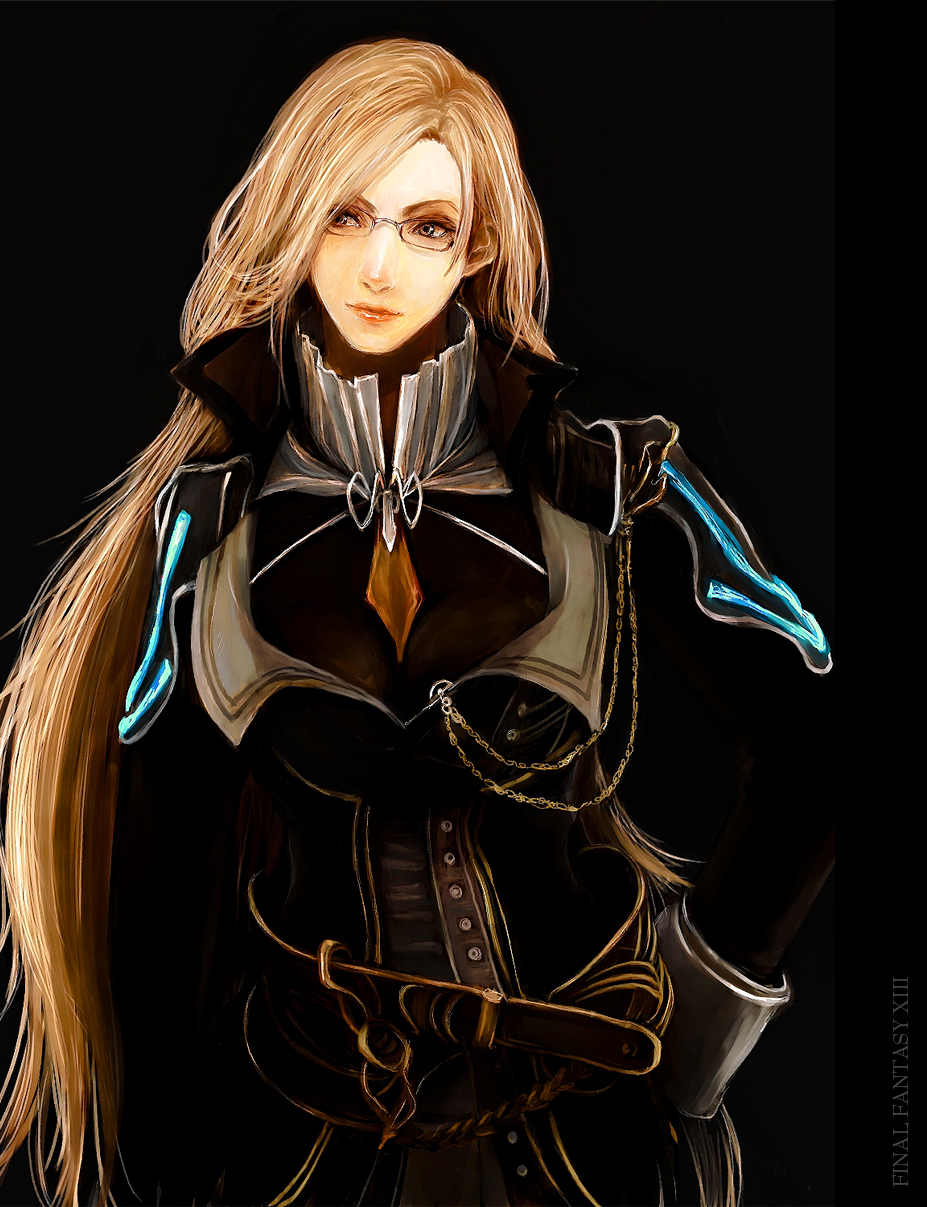 blonde_hair, brown_eyes, chain, chains, final_fantasy, final_fantasy_xiii, glasses, highres, jihl_nabaat, long_hair, solo, tsuyomaru