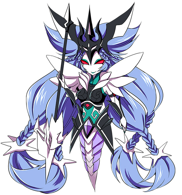 1girl, blue_hair, breasts, hakugin_no_jouou_geruda, inazuma_eleven_(series), inazuma_eleven_go, inazuma_eleven_go_chrono_stone, keshin_(inazuma_eleven), long_hair, moegi_(honey_122), no_pupils, polearm, red_eyes, simple_background, smile, solo, spear, very_long_hair, weapon, white_background