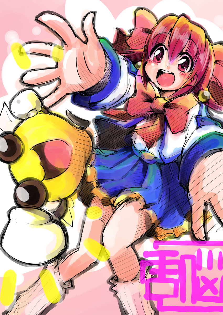 1girl, :d, absurdres, akihabara_dennou_gumi, blue_dress, bow, creature, densuke_(akihabara_dennou_gumi)