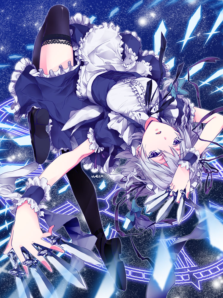 1girl, braid, izayoi_sakuya, knife, maid, maid_headdress, nameko_(pixiv605672), purple_hair