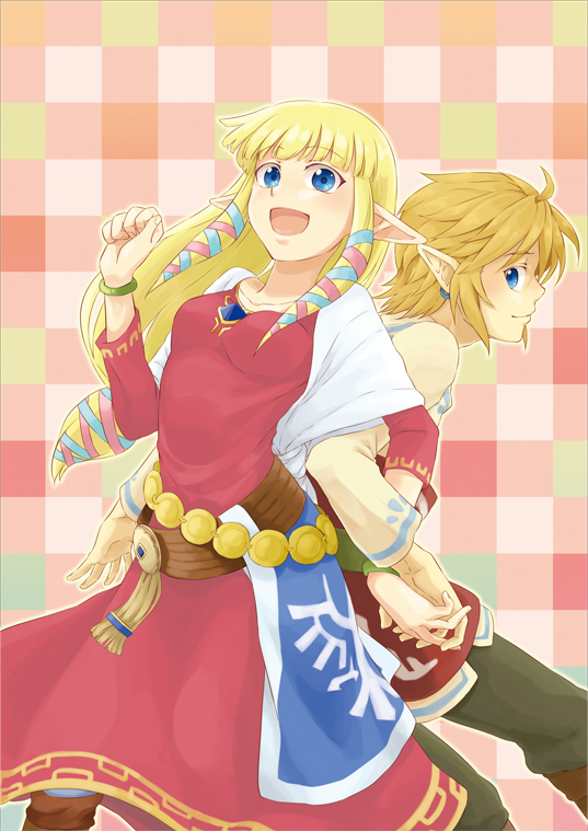 back-to-back, blonde_hair, blue_eyes, bracelet, earrings, holding_hand, jewelry, link