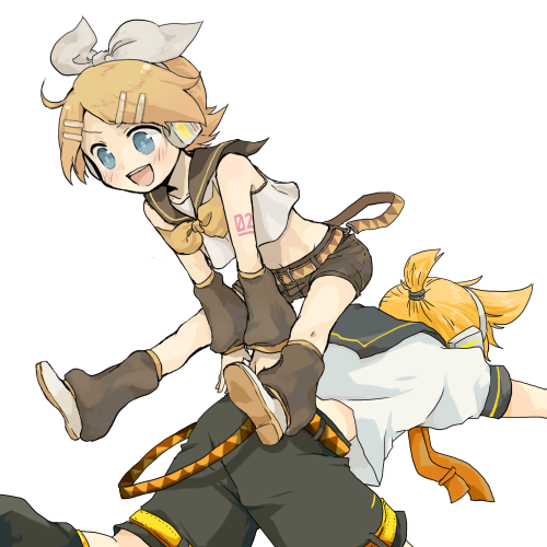 blue_eyes, blush, hair_ornament, hair_ribbon, hairclip, headphones, jumping, kagamine_len, kagamine_rin, leap_frog, lowres, ribbon, short_hair, shorts, siblings, simple_background, smile, twins, vocaloid, yurikawa_akira