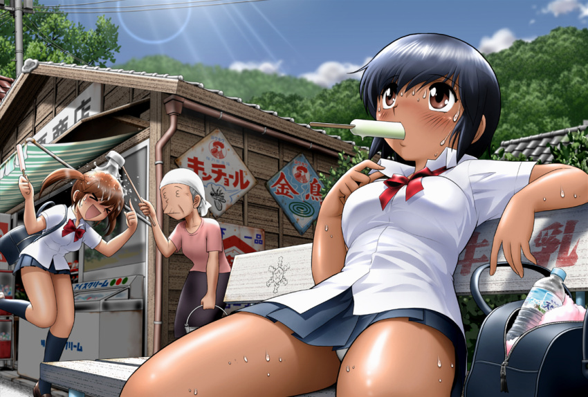 >_<, 3girls, :d, bench, blue_hair, blush, bottle, breasts