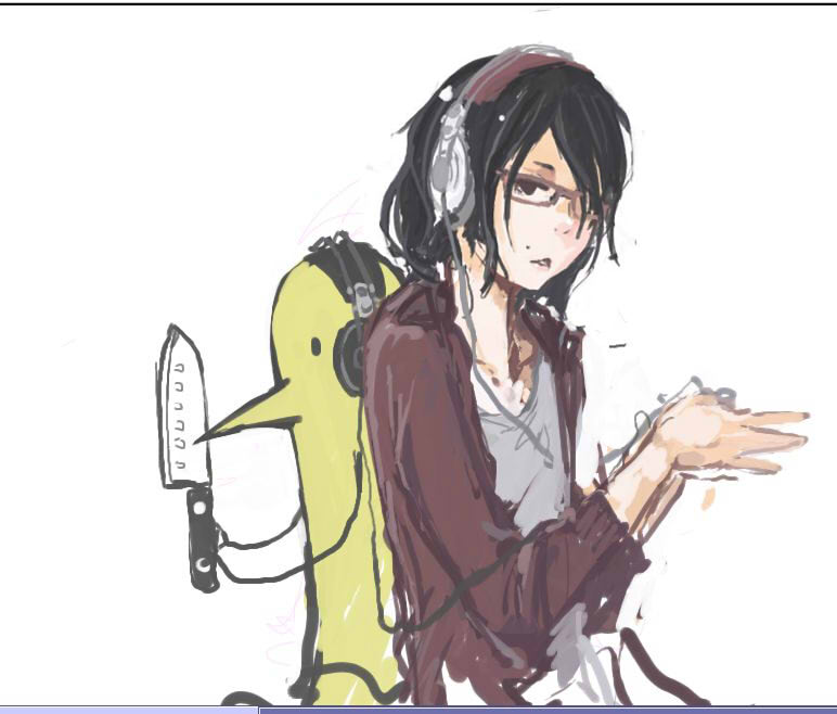 back-to-back, black_hair, glasses, headphones, kitchen_knife, knife, mole, nanjou_sachi