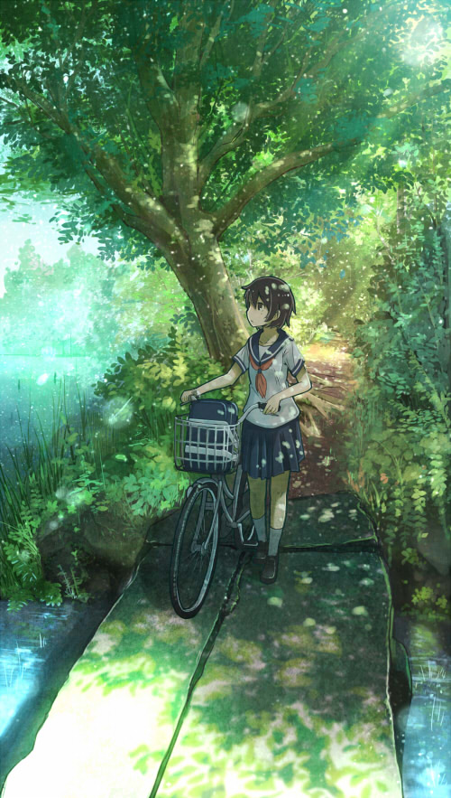 1girl, bicycle, brown_eyes, brown_hair, nabana, original, path, road