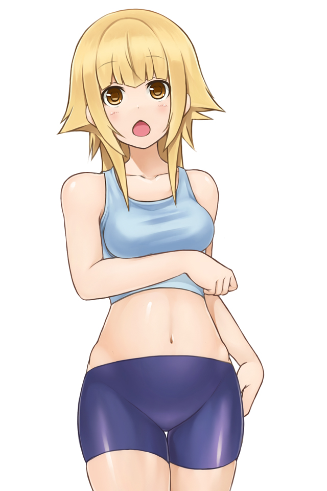 1girl, blonde_hair, chestnut_mouth, hitomi_(minami-ke), midriff, minami-ke, mo-fu, navel, open_mouth, shorts, solo, tank_top, yellow_eyes