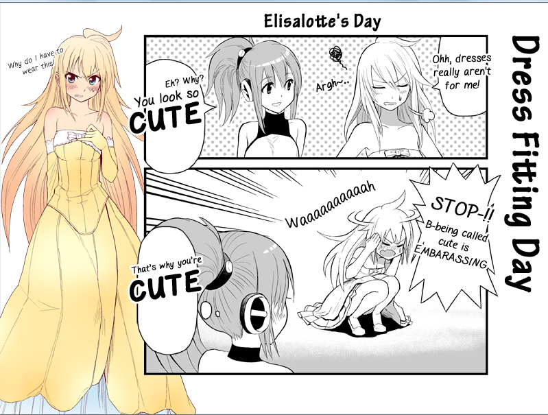 blonde_hair, blue_eyes, blush, cosmic_break, dress, elisalotte, long_hair, melfi