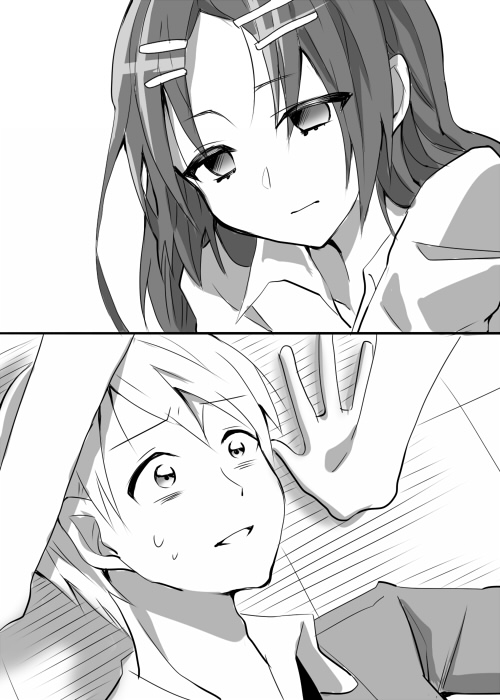 1boy, 1girl, chihaya_megumi, comic, empty_eyes, hair_ornament, hairclip, ichimiya_taishi