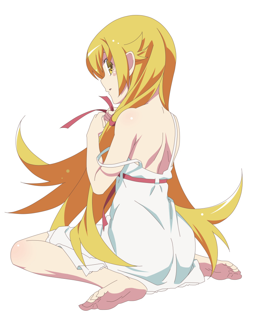 1girl, absurdres, bakemonogatari, blonde_hair, dress, from_behind, highres, kokutou