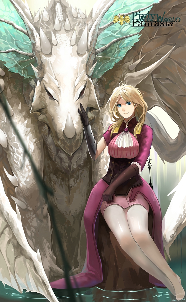 1girl, ascot, blonde_hair, blue_eyes, breasts, carrie_pearl, dragon, gauntlets, gloves, horn, liuruoyu8888, long_hair, mismatched_sleeves, no_shoes, overskirt, pantyhose, pixiv_fantasia, pixiv_fantasia_new_world, single_glove, sitting, skirt, smile, solo, water, western_dragon, white_legwear