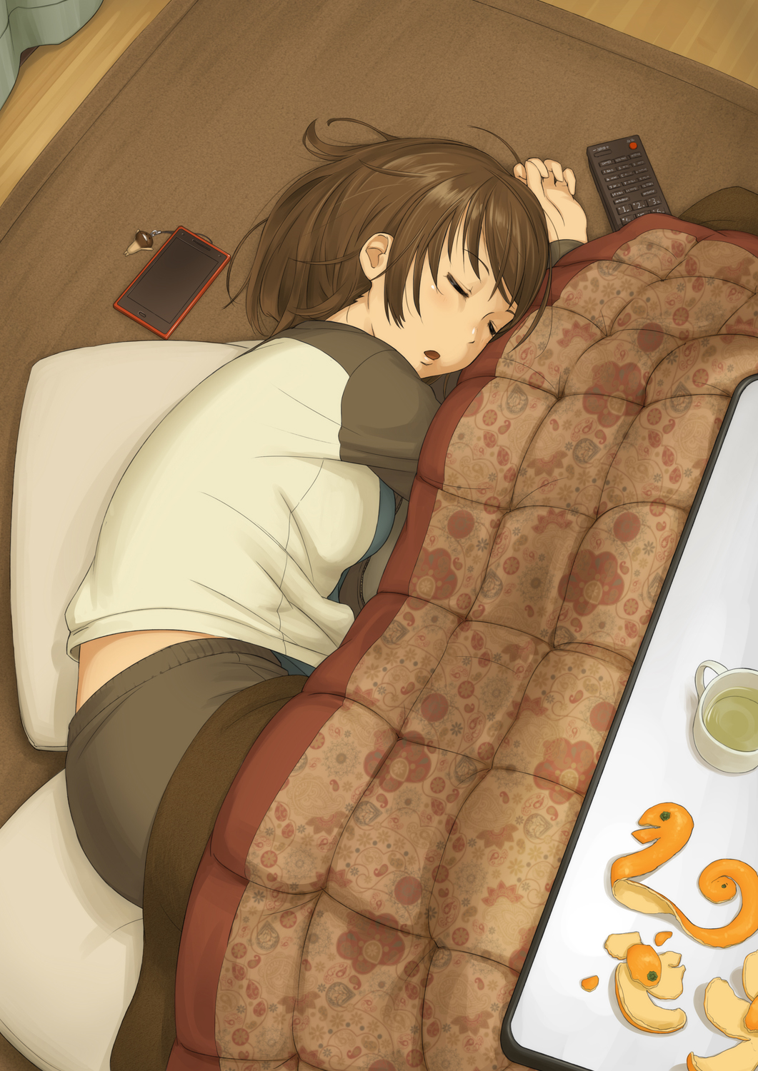 1girl, brown_hair, cellphone, cellphone_strap, closed_eyes, controller, cup, food