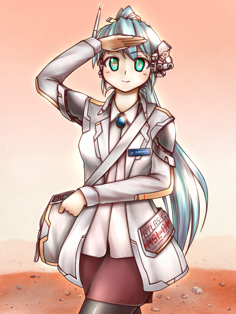 1girl, bag, blue_hair, brooch, curiosity_(mars_rover), green_eyes, jewelry, long_hair