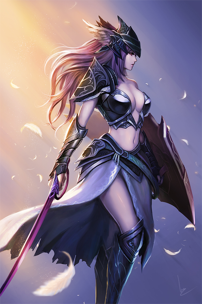 1girl, breasts, brown_hair, chaosringen, cleavage, feathers, gauntlets, large_breasts