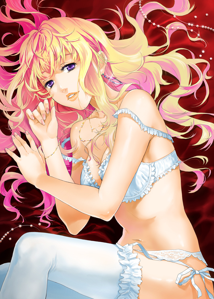 blonde_hair, bra, bracelet, earrings, fingernails, hands, jewelry, joe_sage, lingerie, lipstick, long_hair, lying, macross, macross_frontier, nail_polish, navel, panties, purple_eyes, sage_joh, sheryl_nome, side-tie_panties, solo, strap_slip, thigh-highs, thighhighs, underwear, violet_eyes, white_legwear, white_thighhighs