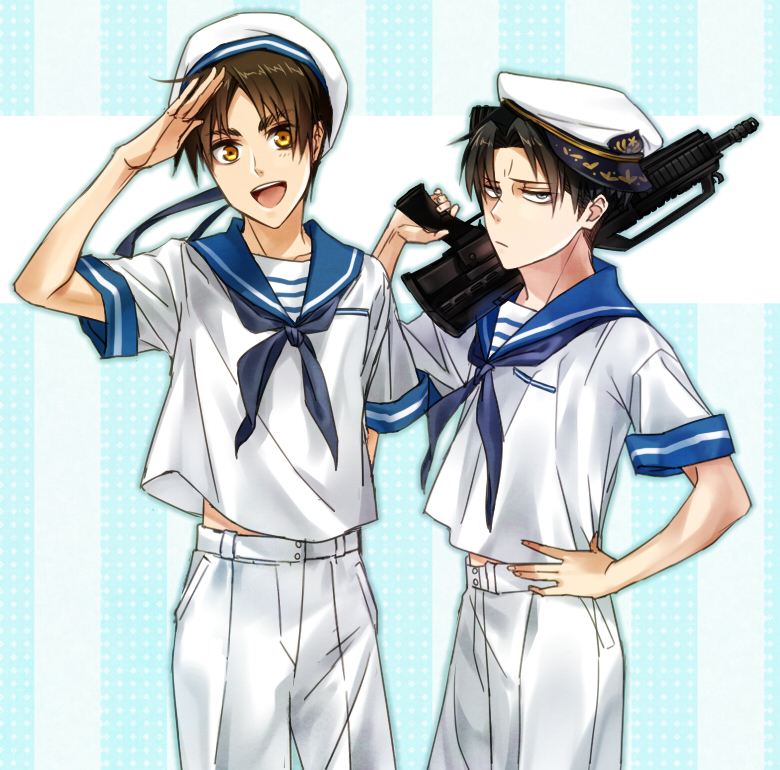 2boys, black_hair, brown_hair, eren_jaeger, gun, hat, kenao, levi_(shingeki_no_kyojin)