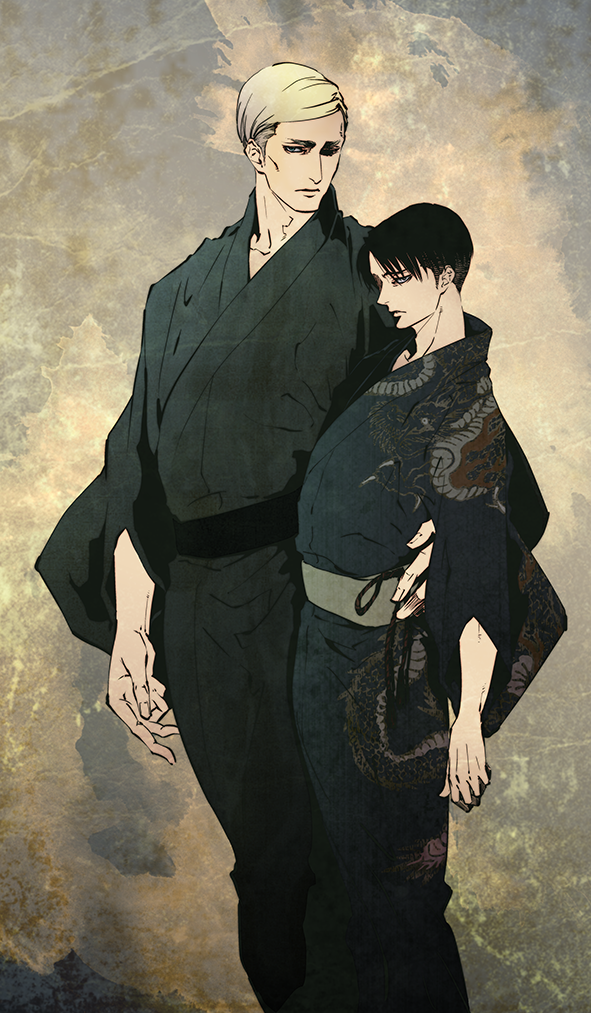 2boys, black_hair, blonde_hair, erwin_smith, japanese_clothes, kimono, levi_(shingeki_no_kyojin), multiple_boys