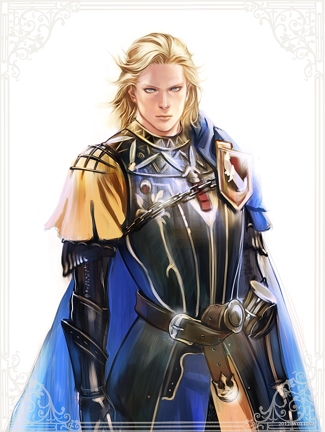 1boy, armor, blonde_hair, blue_eyes, dragon's_dogma, julien_(dragon's_dogma), long_hair, realistic, solo, wolfina