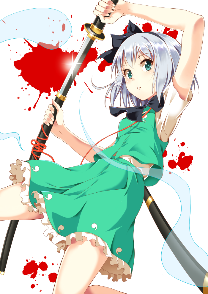 1girl, danzero, green_eyes, hairband, hitodama, katana, konpaku_youmu, parted_lips