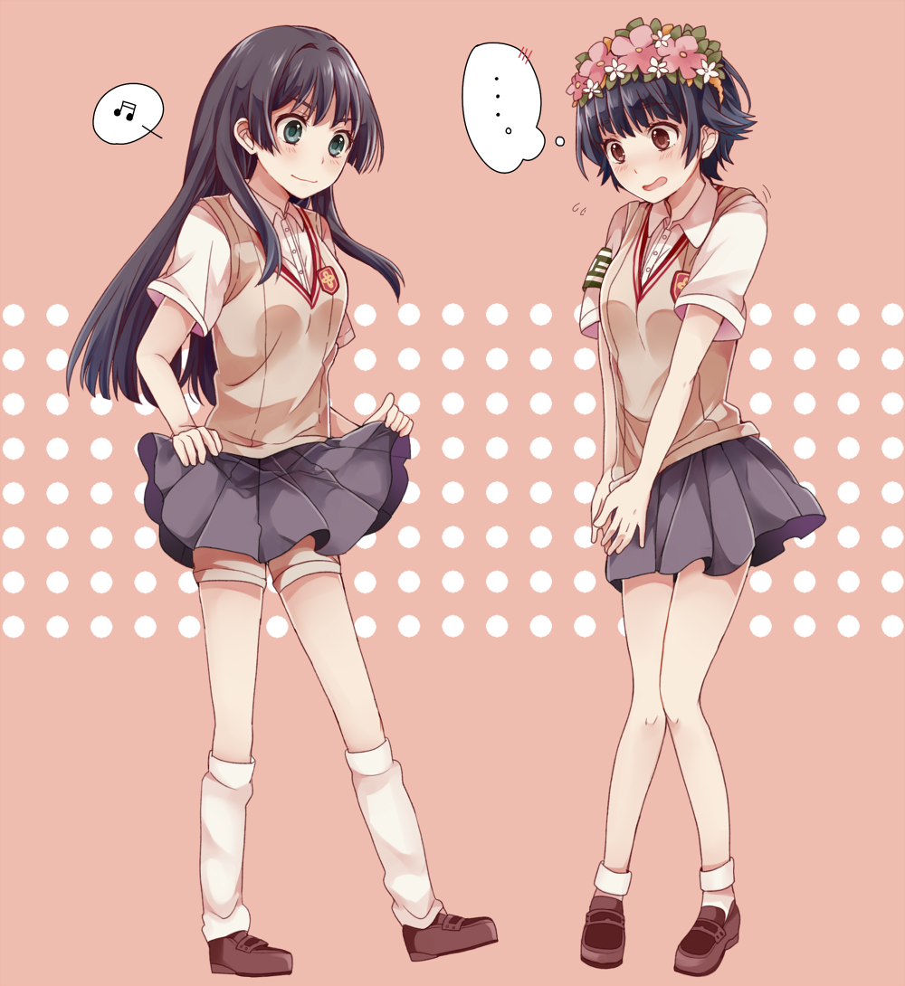 ..., 2girls, alternate_costume, armband, black_hair, brown_eyes, choukou_koukyou_no_inagi, flower