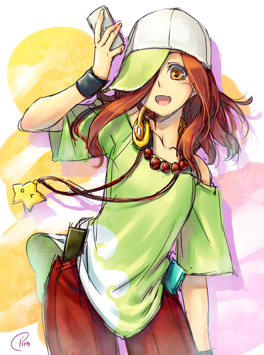 1girl, brown_eyes, brown_hair, cellphone, gaen_izuko, hair_over_one_eye, hat, headphones