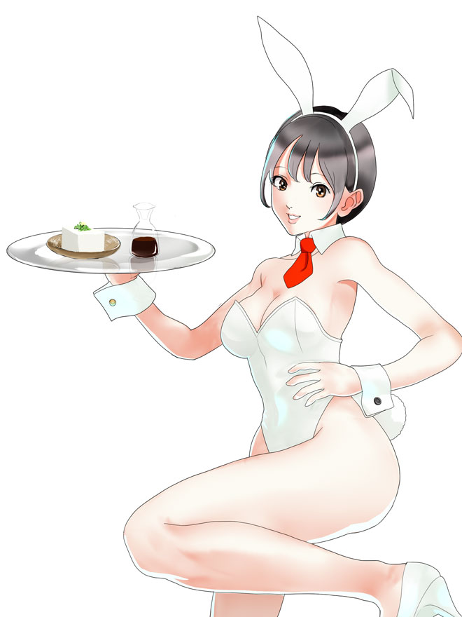 1girl, animal_ears, black_hair, bottle, breasts, brown_eyes, bunny_tail, bunnysuit