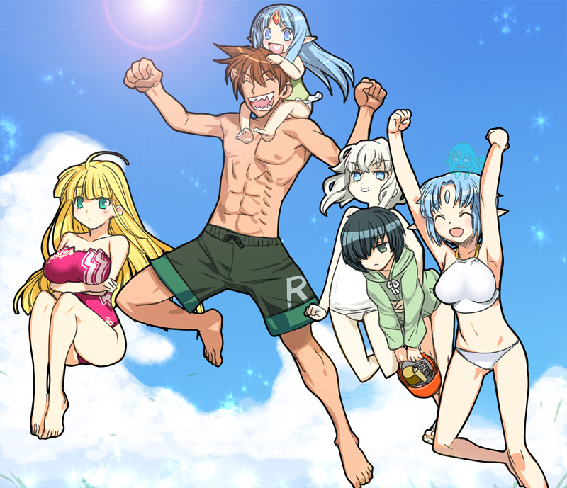 am_isuel, bucket, cloudy_sky, crook_morphus, hoodie, jacket, modern_kalar, orion_(orionproject), pastel_kalar, rance, rance_(series), rance_quest, rance_quest_magnum, reset_kalar, rizna_lanfebit, shorts, summer, sun, sunlight, swimsuit, waves
