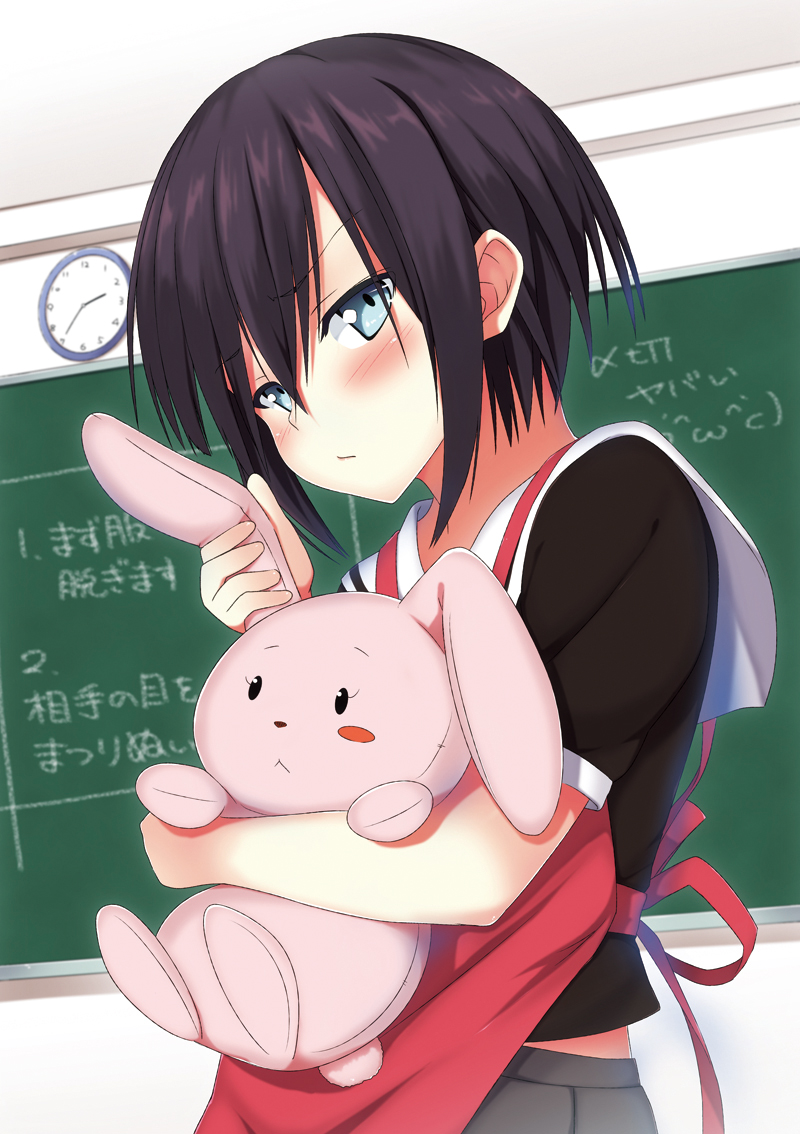 1girl, apron, blue_eyes, blush, brown_hair, original, short_hair, solo