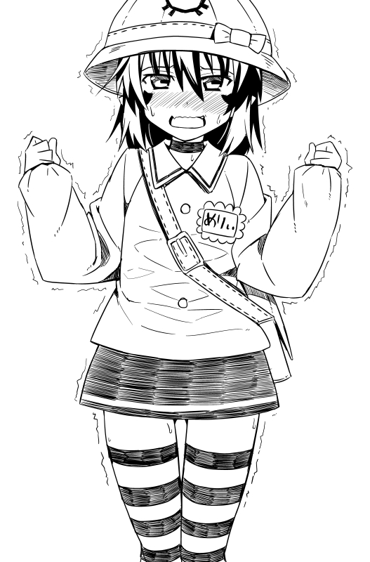 1girl, bag, bow, embarrassed, hat, kindergarten_uniform, merry_nightmare, name_tag