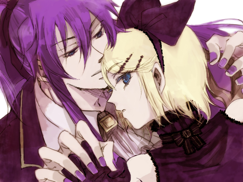 1boy, 1girl, age_difference, blonde_hair, bow, cantarella_(vocaloid), couple, hair_ornament