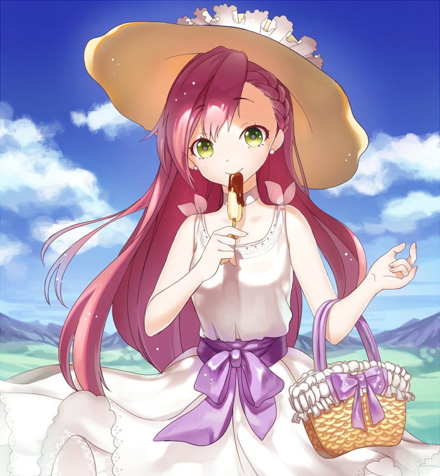1girl, bag, dress, green_eyes, handbag, hat, long_hair, original
