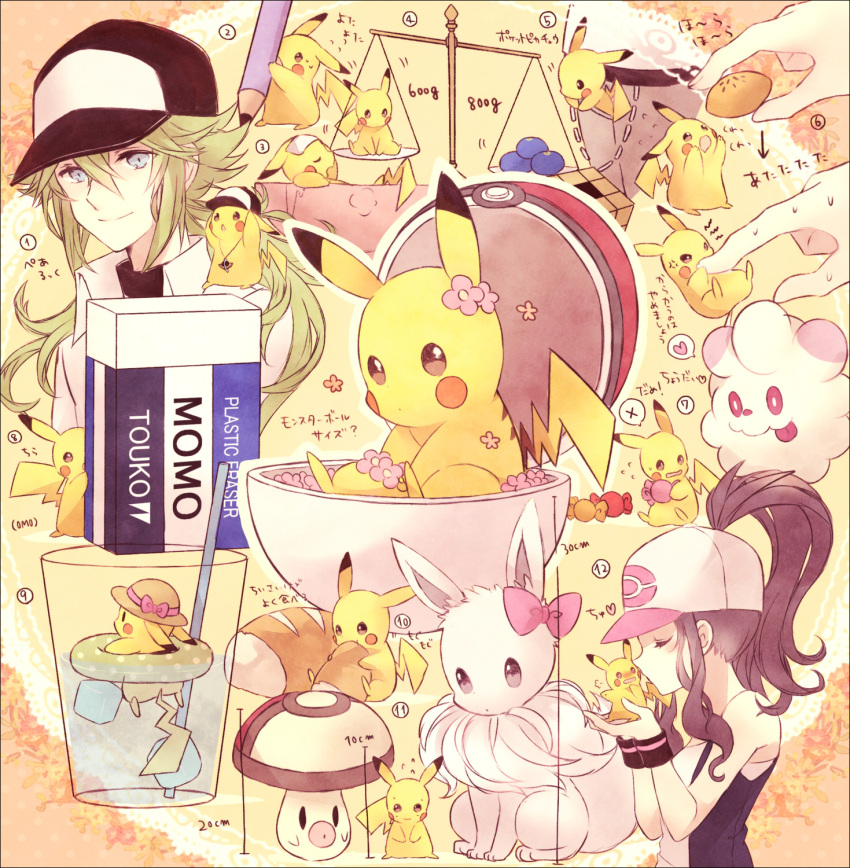 1boy, 1girl, baseball_cap, blue_eyes, bread, brown_hair, eating, eevee