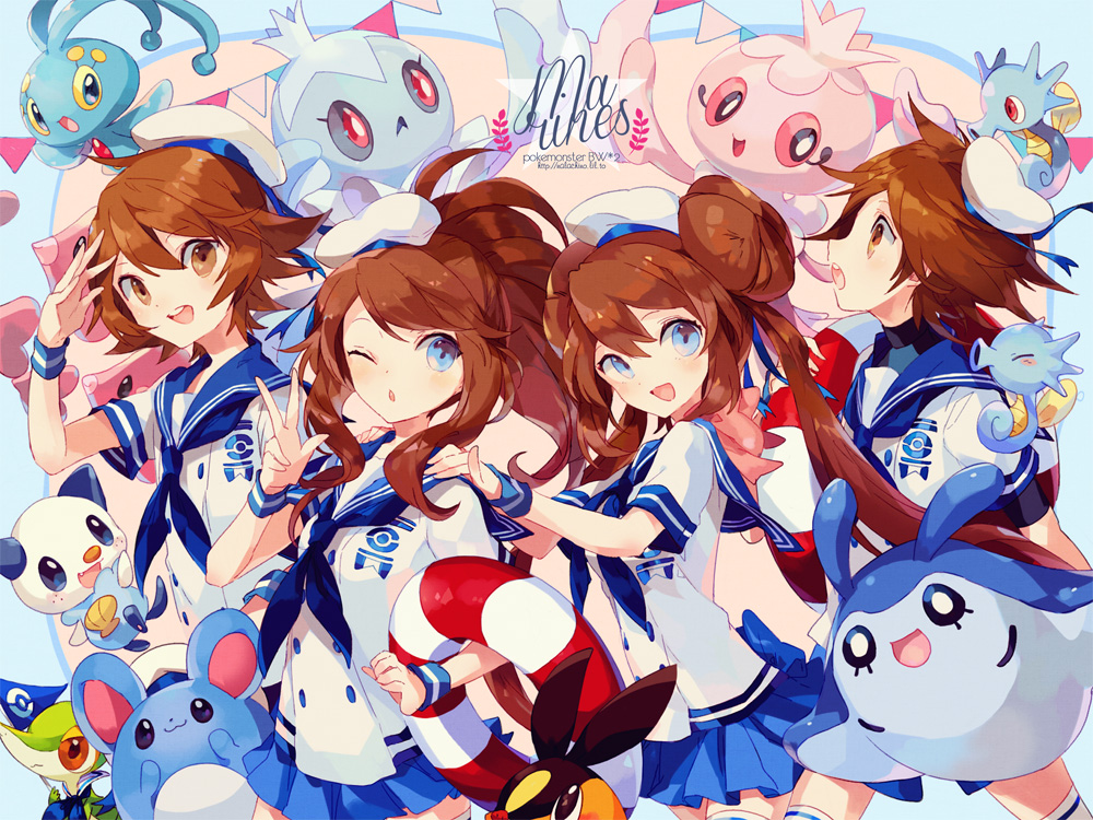 2boys, 2girls, :o, blue_background, blue_eyes, bow, brown_eyes, brown_hair