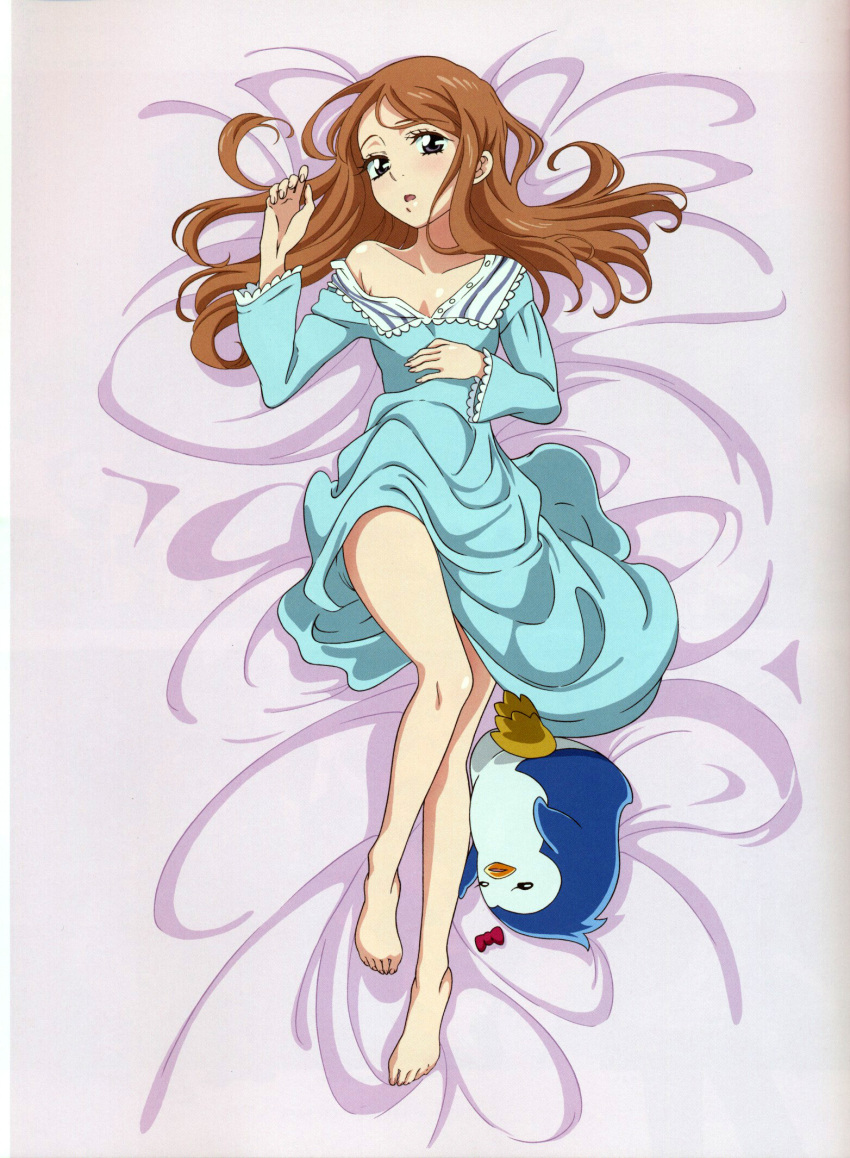 1girl, artist_request, bird, brown_hair, dress, highres, legs, mawaru_penguindrum, off_shoulder, official_art, penguin, penguin_3-gou, scan, takakura_himari, violet_eyes