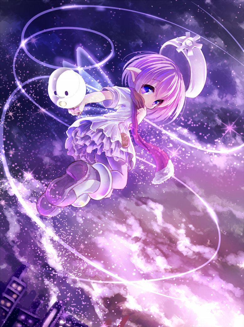 1girl, clouds, dutch_angle, frau_(puyopuyo), hat, jumping, looking_back, pink_hair