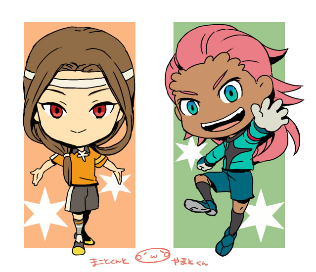 2boys, armband, blue_eyes, brown_hair, chibi, dragonlink, gloves, goalkeeper